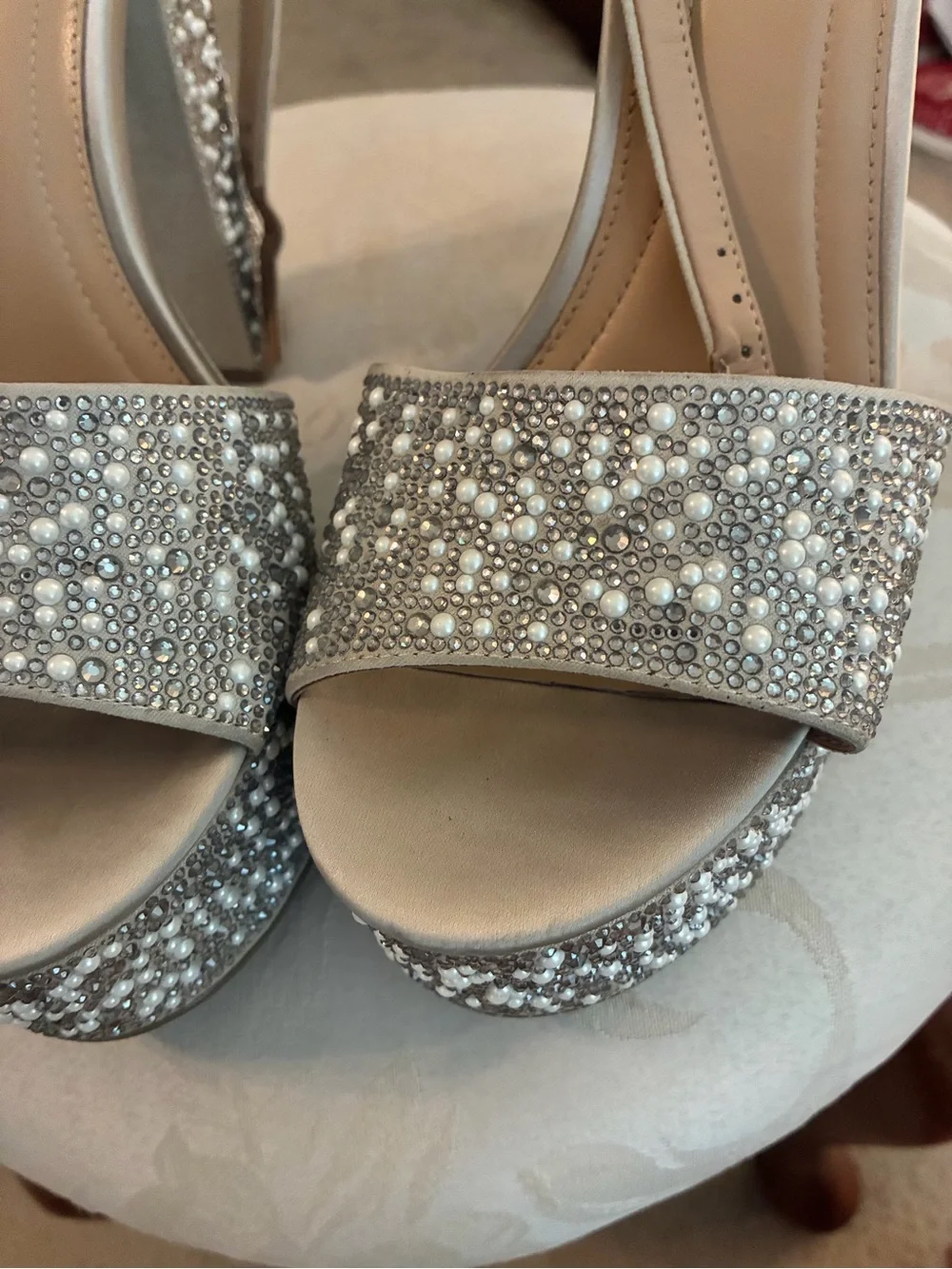 Steve Madden Ivory Pearl & Crystal Platform Heels